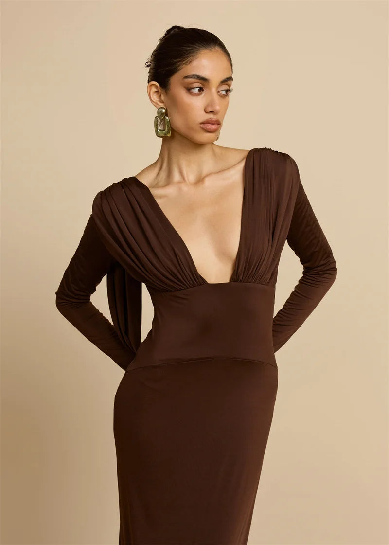 Mozision Elegant Deep V Neck  Backless Sexy Maxi Dress For Women Brown Long Sleeve High Waist Ruched Club Party Long Dresses