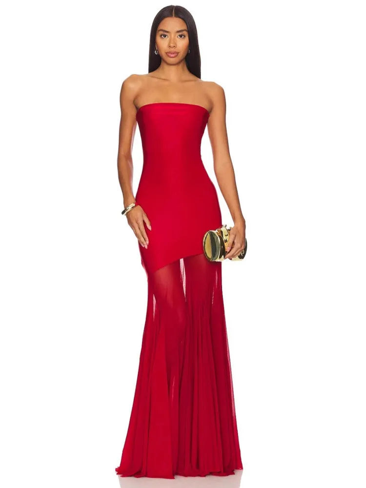 Mozision Off-shoulder Strapless Sexy Maxi Dress Women Gown Fashion Elegant Mesh Sleeveless Backless Bodycon Club Party Dresses