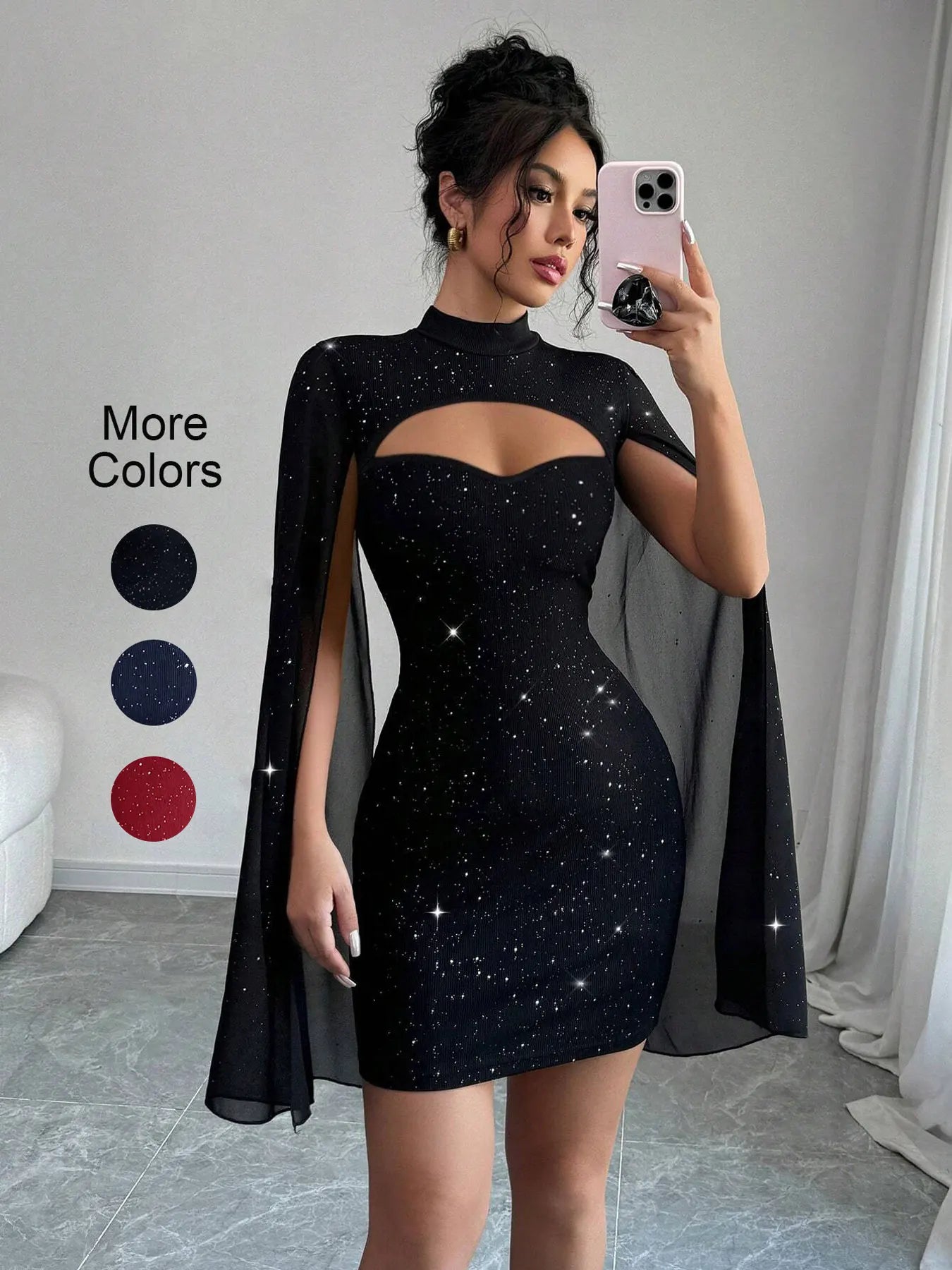 Sexy Women's Stand Collar Cape Mini Dress Sequins Sparkling Club Party Night Out Fitted Bodycon Elegant Autumn Winter Wofashion.xyz