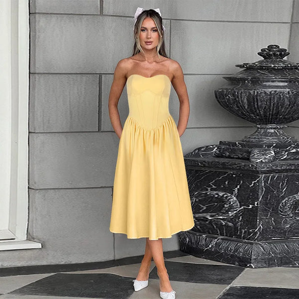 NIDANSSI Yellow Strapless Backless Evening Party Dress Women Pleated Bodycon Elegant Sexy Dress Midi Long Summer Dress Vestidos Wofashion.xyz