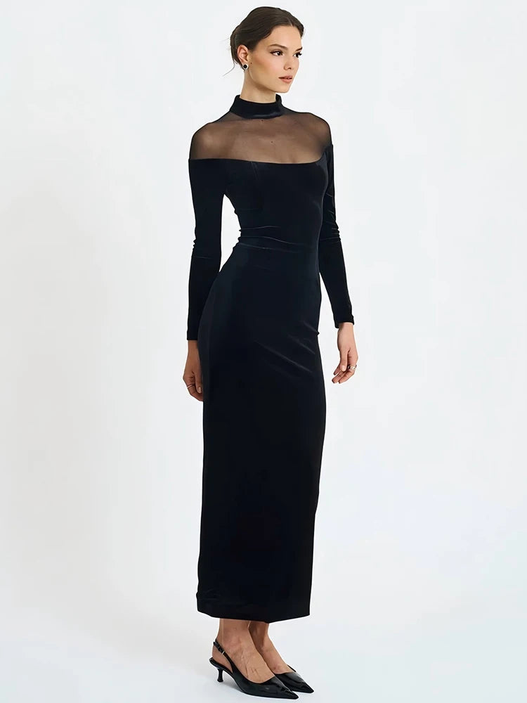 Mozision Sheer Off-shoulder Long Sleeve Sexy Maxi Dress Women Gown Elegant Half High Collar Backless Bodycon Club Party Dresses