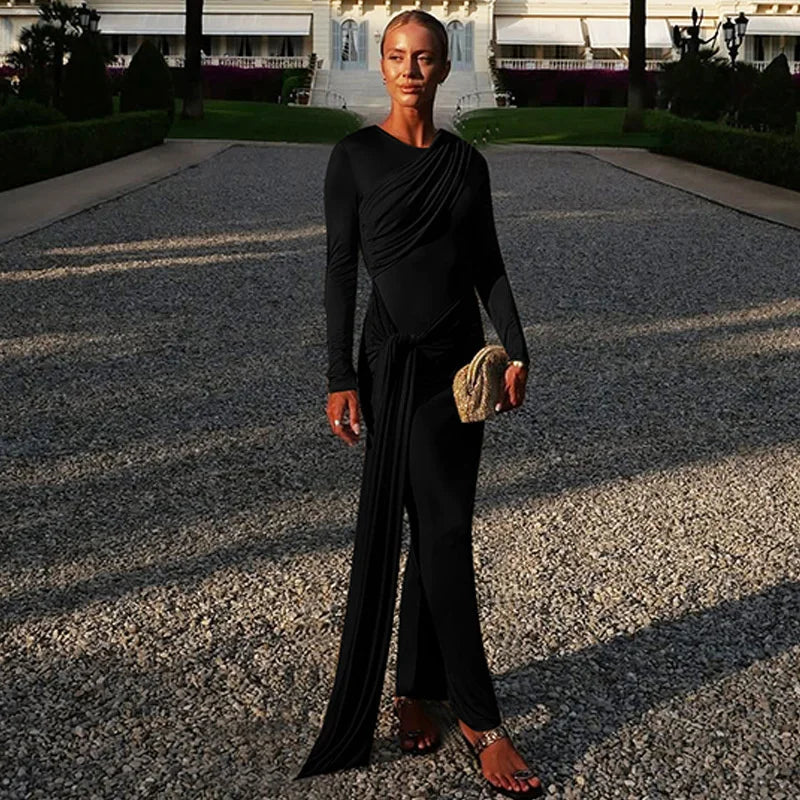 Mozision Long Sleeve Draped Ruched Sexy Maxi Dress Women Gown Elegant O Neck High Waist Bodycon Club Party Long Dresses Female