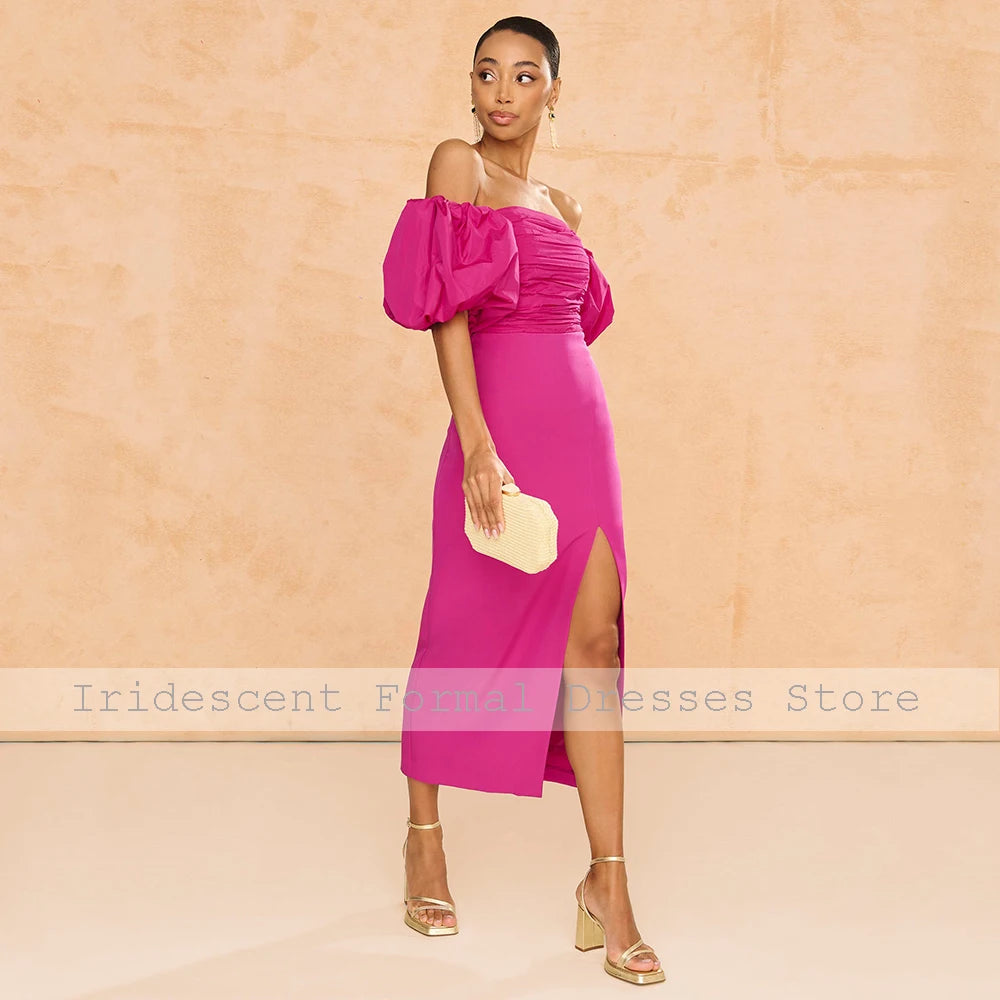 Elegant Party Dresses for Women Red Pleat Sheath Off-the-shoulder Midi Party Gowns Column Mid Calf Bespoke Occasion Gowns 2025