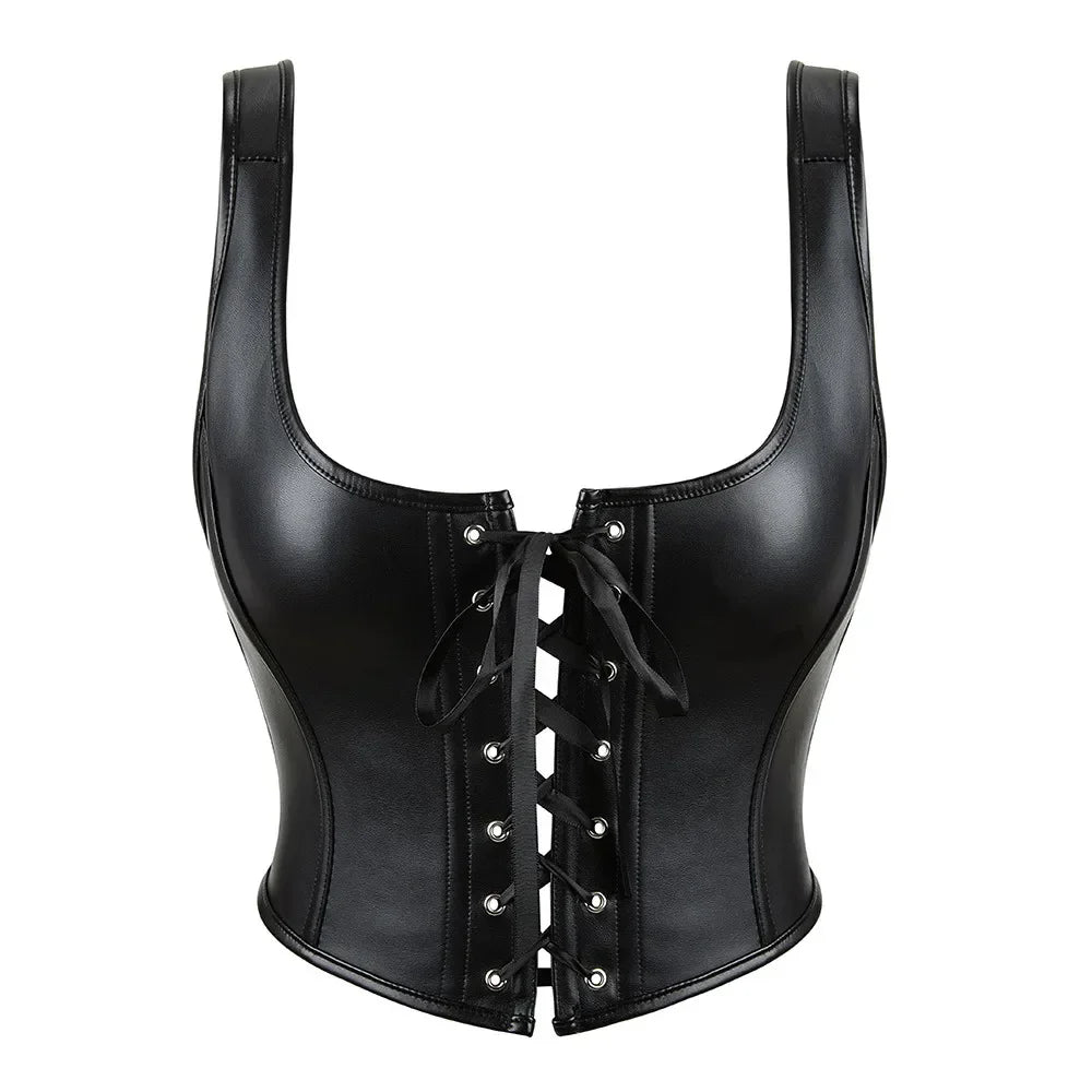 Women Faux Leather Corset Crop Top Gothic Lace Up Overbust Corset Bustier Bra with Straps Fashion Streetwear Vest Wofashion.xyz