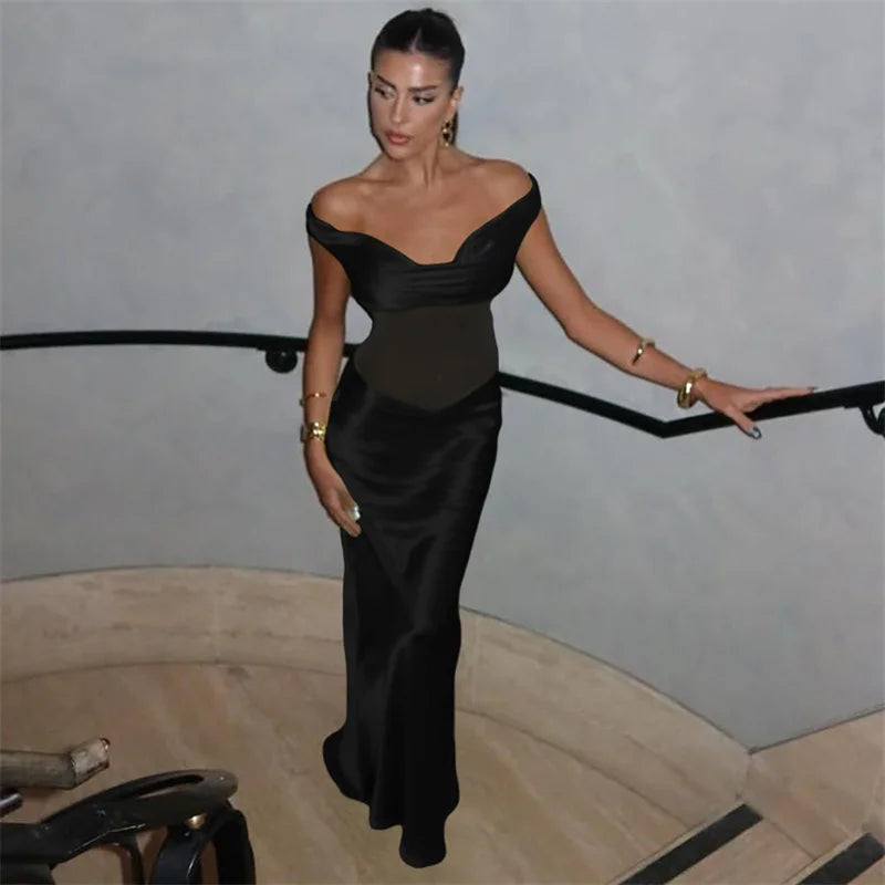 Mozision Off-shoulder Backless Sexy Maxi Dress For Women Fashion Patchwork Strapless Sleeveless Bodycon Club Party Long Dresses