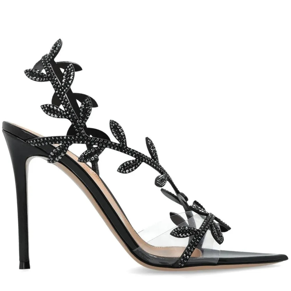 2025 Women's Summer New Style Lacquer Leather Leaf Fairy Style Strap Stiletto High Heels Pointed Open Toe Fashion Sandals