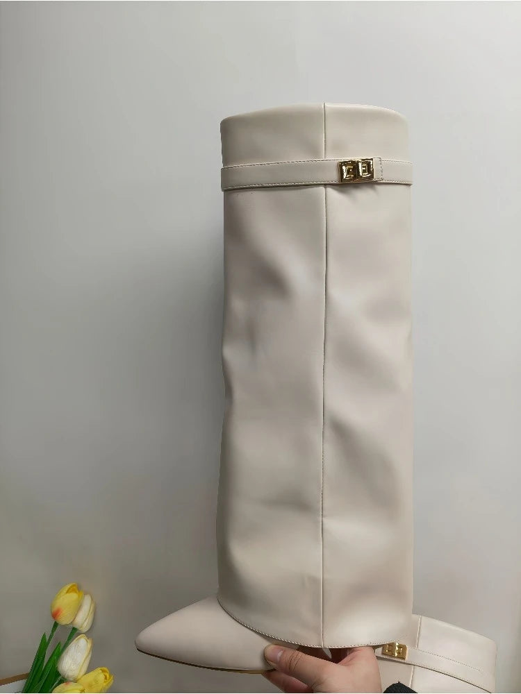 European and American Autumn and Winter New Pointed Straight Leg Skirt Boots for Women, Large Size Thick High Heels Pants Boots