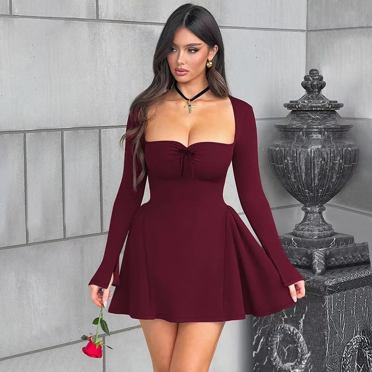 NIDANSSI Red Long Sleeve Evening Party Dress Women 2024 Pleated Robes Elegant Sexy Dress Bodycon Mini Winter Dress Vestidos