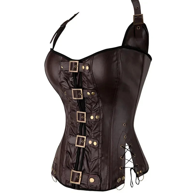 Steampunk Corsets And Bustiers Sexy Halterneck Synthetic Leather Gothic Punk Corset Top Women Outwear Corselet