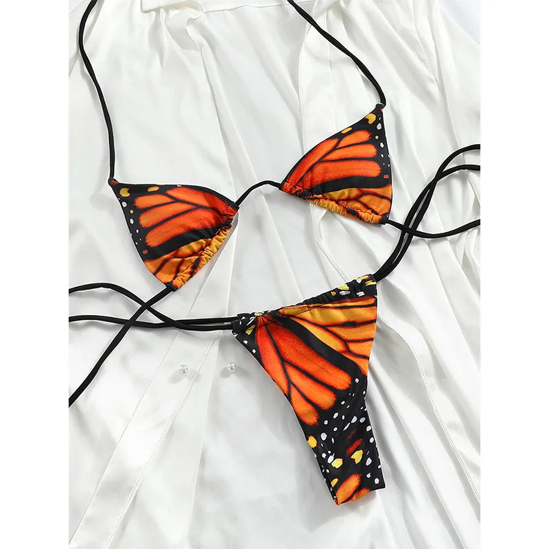 Sexy Swimwear Women Butterfly Bikinis Print Swimsuit Triagle Beachwear Bandage Bathing Suits Micro Biquini