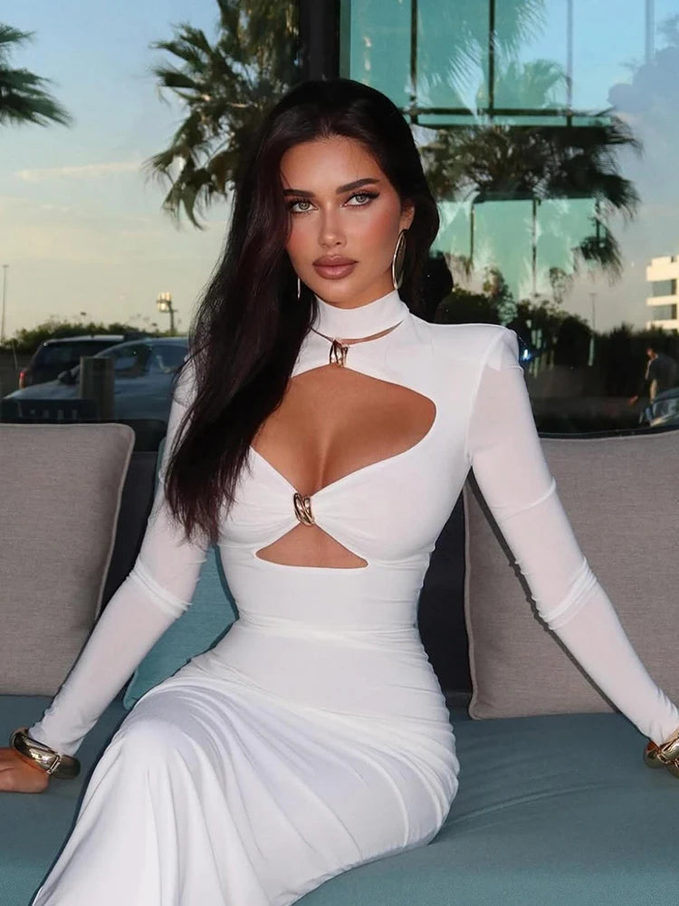 Ahagaga Fashion Women's Party Dresses Solid Hollow Out Turtleneck Regular Long Sleeve Sheath Bodycon Causal Female Vestidos Robe