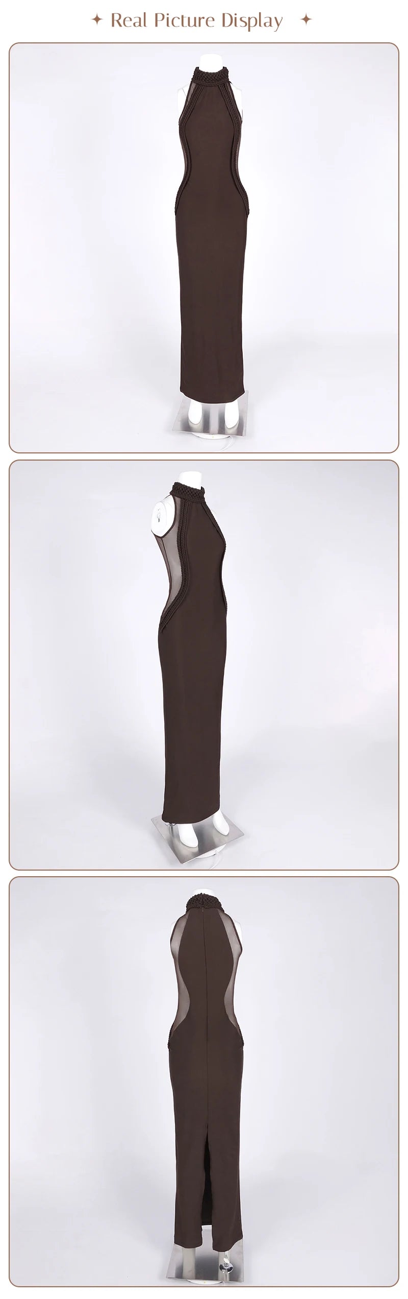 Luxury Sheer Corset Brown Long Dresses for Women – Long Sleeve High Neck See Through Bodycon Maxi Dress with Mesh Waist Detail