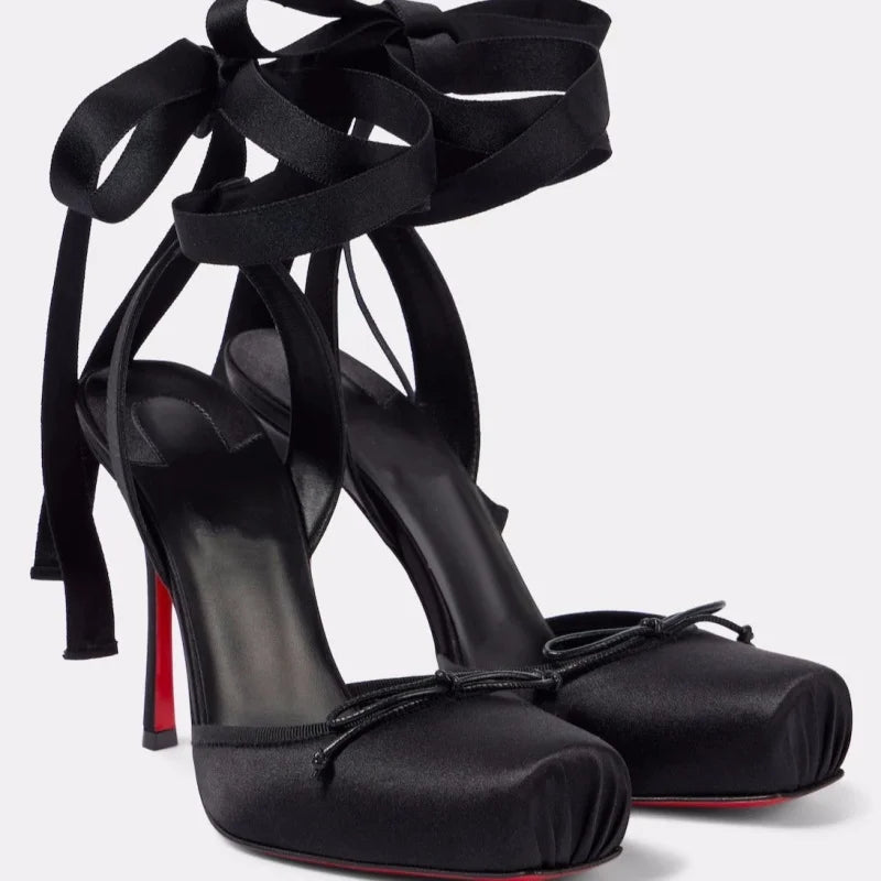 Luxury Design Woman Sandals 2025 Summer High Quality Square Satin High-heeled Female Shoes With Ankle Straps Wedding Flip Flops