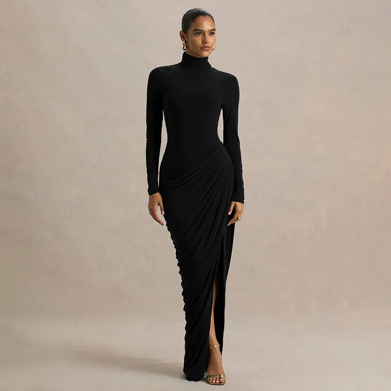 Mozision Turtleneck Long Sleeve Sexy Maxi Dress Women Elegant Autumn Winter High Waist Ruched Thigh High Split Club Long Dress