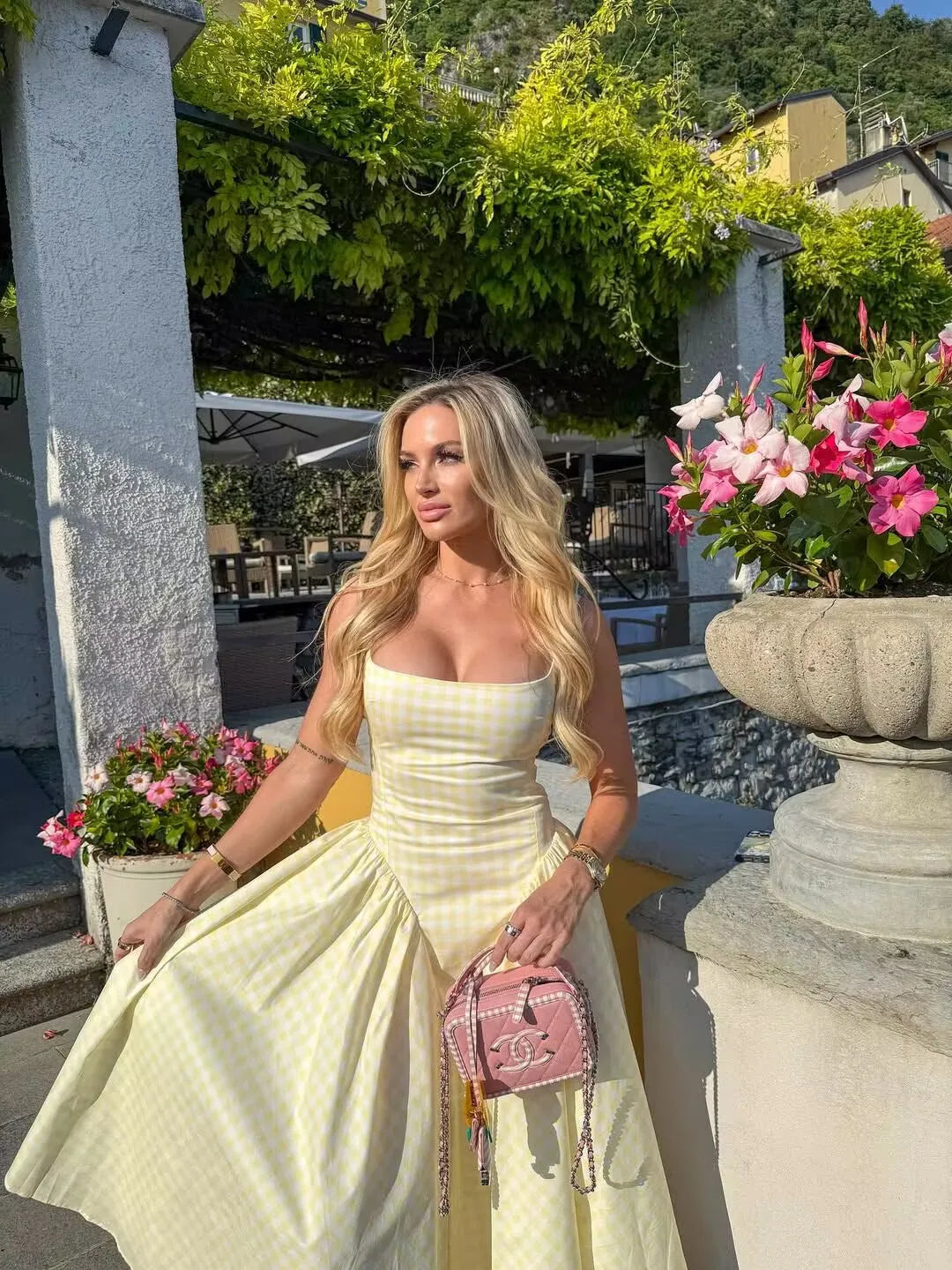 YENKYE Lace Up Bandage Plaid Sling Dress Women Elegant Square Neck Low Waist A-line Midi Summer Dresses Holiday Party Robe 2025