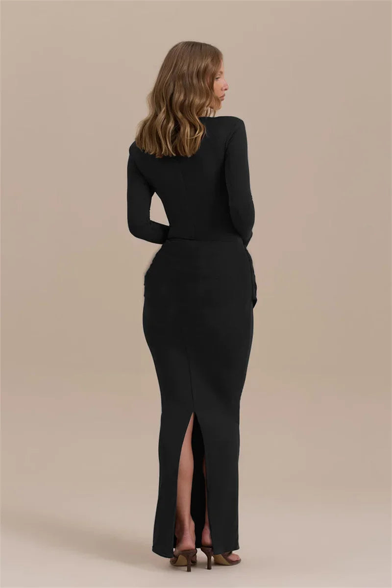 Long Sleeve Ruched Sexy Maxi Dress For Women Gown Autumn Winter New O Neck High Waist Bodycon Club Party Long Dresses