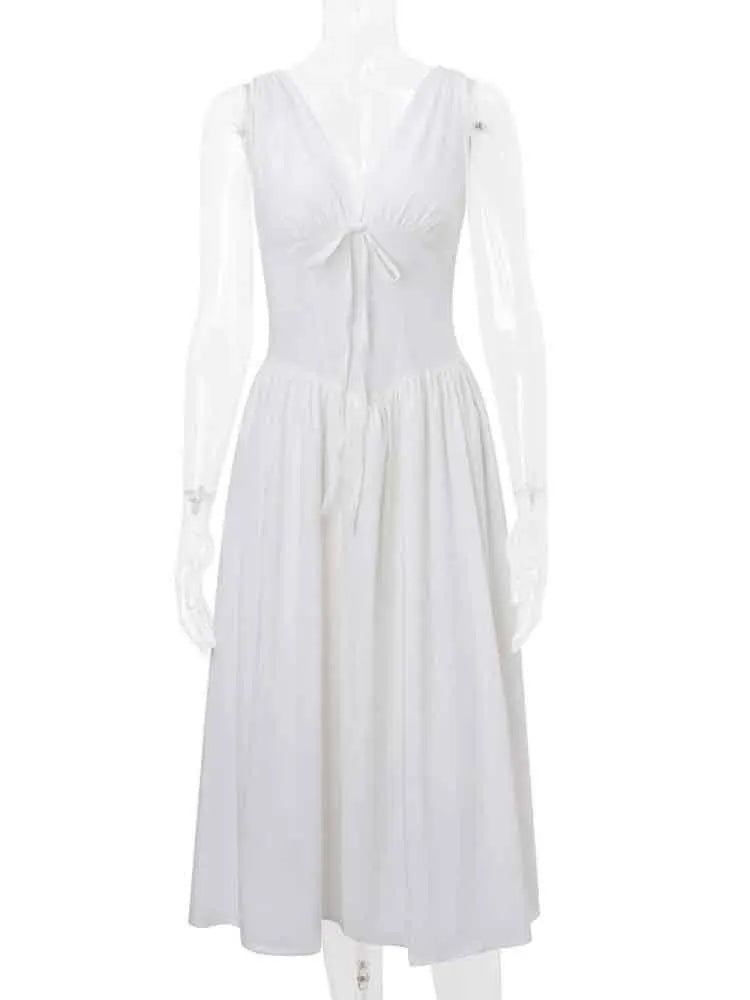 NIDANSSI White Pleated Lace Up Backless Holiday Casual Dress Women Elegant Sexy Dress Bodycon Midi Long Summer Dress Vestidos