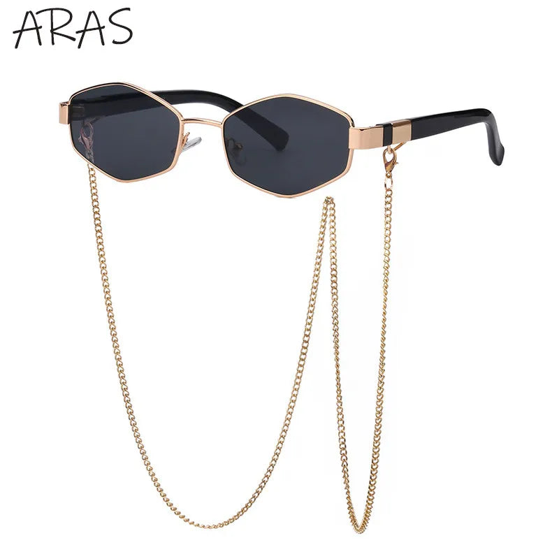 Trendy Retro Hexagon With Chain Sunglasses Women 2023 Brand Designer Unique Polygonal Sun Glasses For Female Small Frame Eyewear