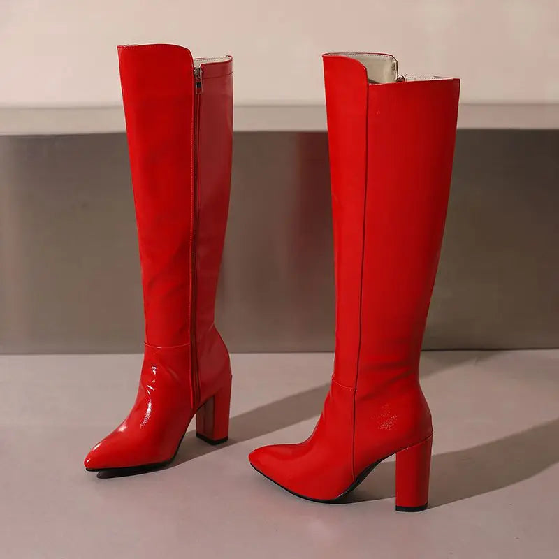 REAVE CAT Sexy Female Knee High Boots Pointed Toe Chunky Heels 8.5cm Big Size 46 47 48 Fashion Party Women Booties