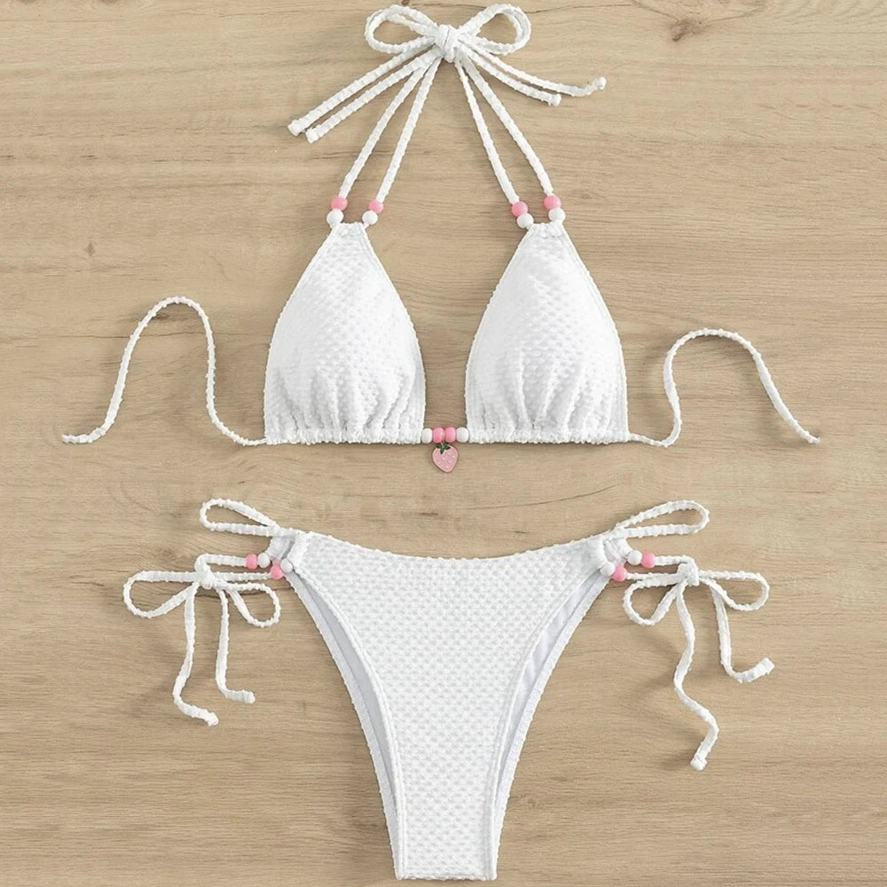 Sexy Pink Micro Thong Bikinis Sets Bead String Halter Swimwear Women Mini Swimsuit Bathing Suit Lace-up Biquinis Triangle Bikini