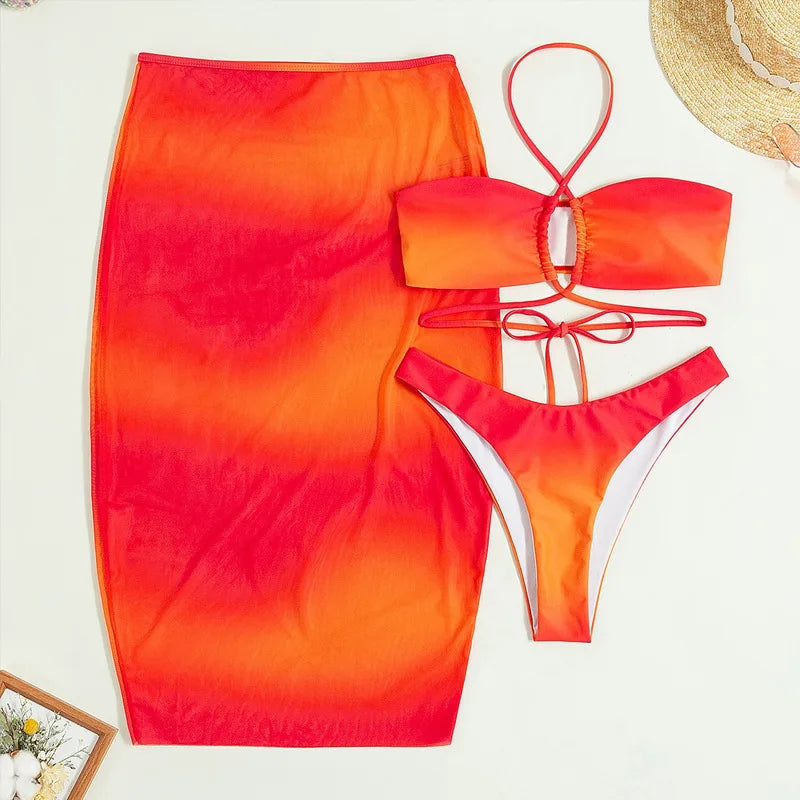 Orange Tie Dye Print Swimwear with Skirts 3 Piece Bikini Set Sexy Swimsuit Women Beach Swimming Wear String Halter Bikinis Thong