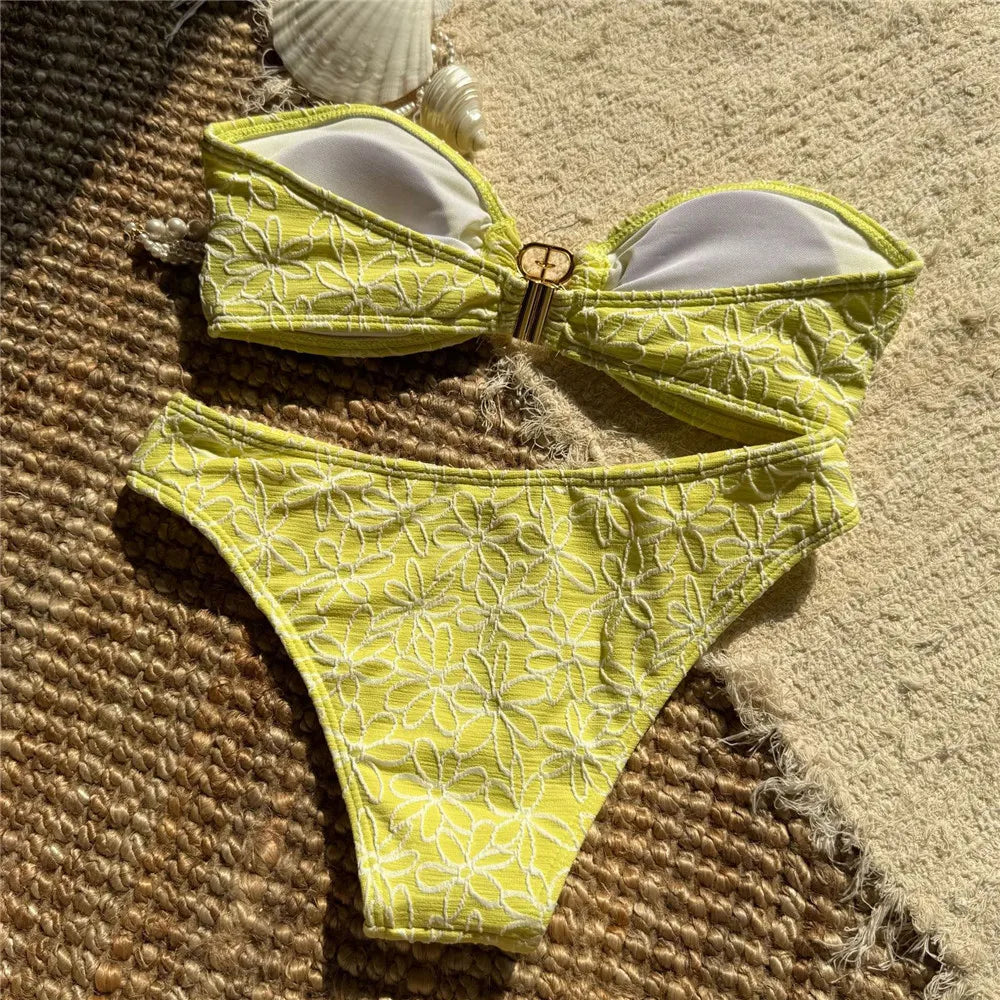 Flower Embroidery Bandeau Bikinis Sets Woman 2025 Metal Buckled Sexy Swimsuit Women High Cut Bathing Swimming Suit Bikini Mujer