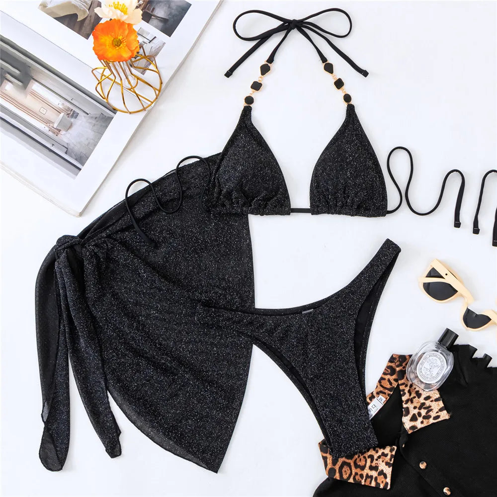 Sexy Black Shiny Swimwear with Sarong String Halter Triangle Bikinis Set 3 Piece Rhinestone Swimsuit Women 2025 Bather Beachwear