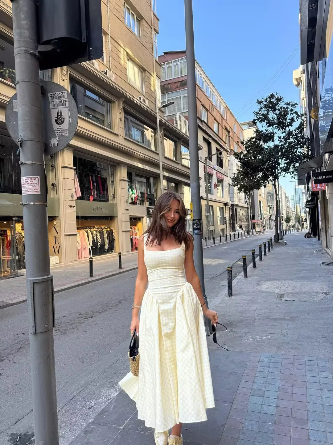 YENKYE Lace Up Bandage Plaid Sling Dress Women Elegant Square Neck Low Waist A-line Midi Summer Dresses Holiday Party Robe 2025