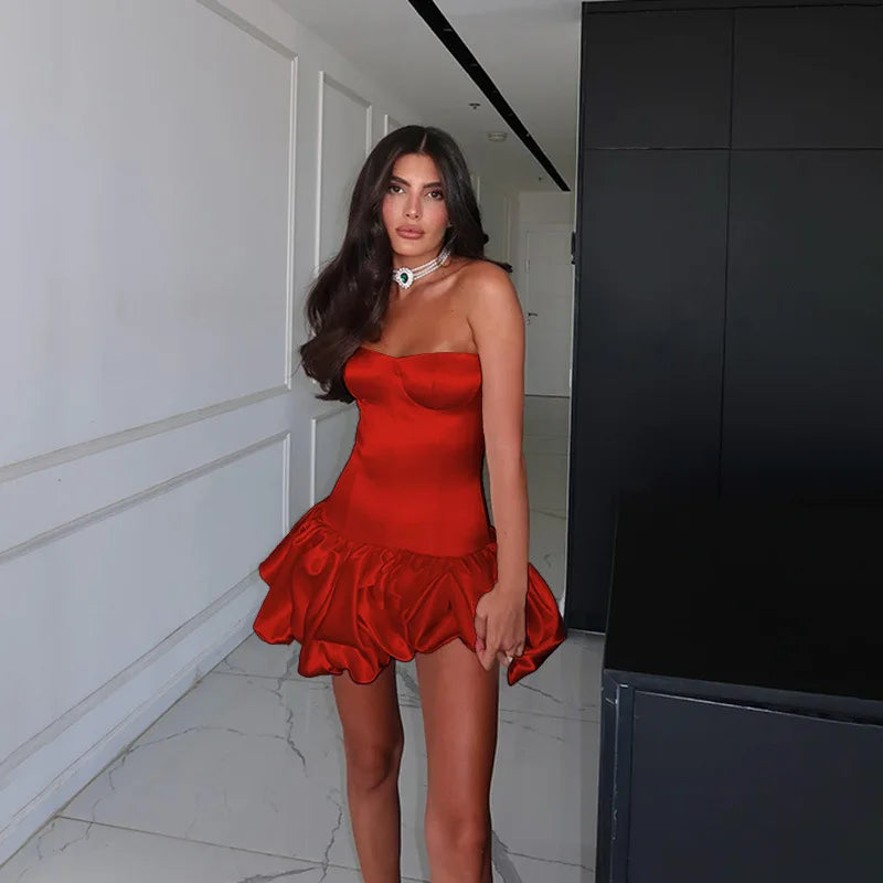 Mozision Off-shoulder Backless Sexy Mini Dress For Women Robe Fashion Solid Strapless Sleeveless A-line Slim Sexy Club Dress