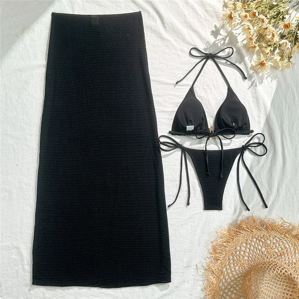 Holiday Starfish Solid Swimwears Halter String Triangle 3 Piece Bikini Set Cover Up Skirts Sexy Swimsuit Women 2025 Bikini Dames