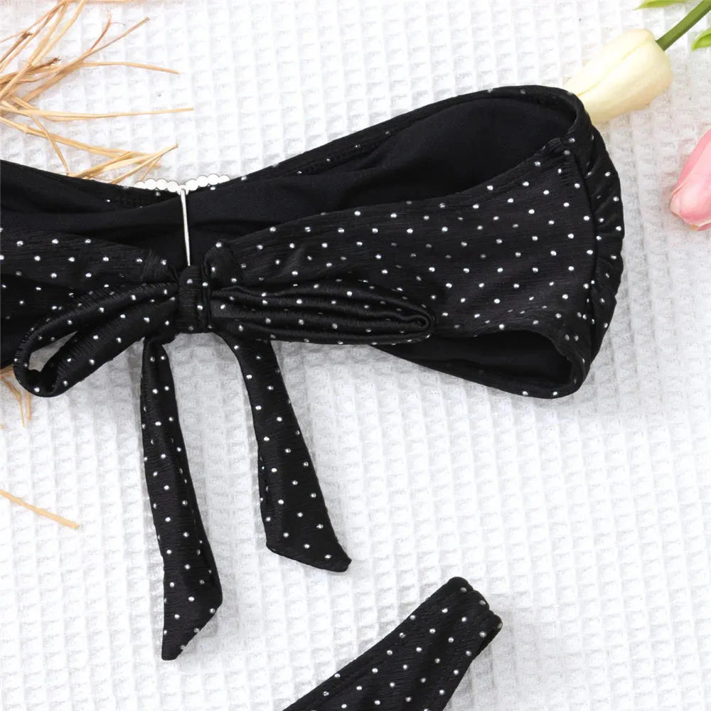 Sexy Black Shiny Swimwear with Sarong String Halter Triangle Bikinis Set 3 Piece Rhinestone Swimsuit Women 2025 Bather Beachwear