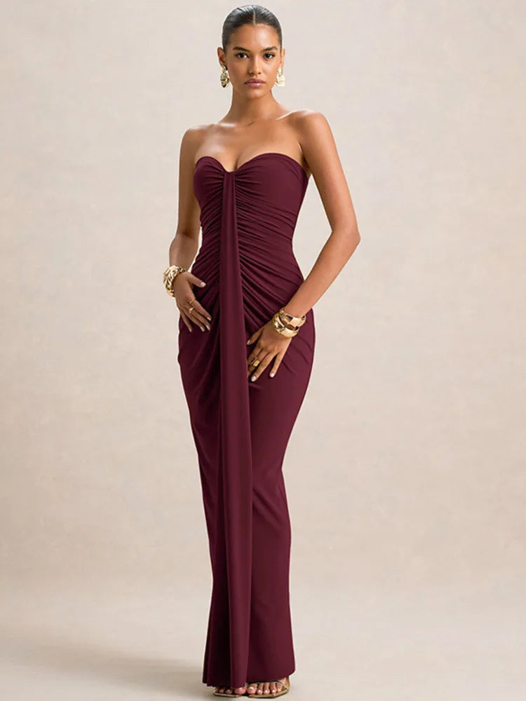 Mozision Off-shoulder Strapless Sexy Maxi Dress Women Gown Elegant Sleeveless Backless Bodycon Draped Ruched Club Party Dress