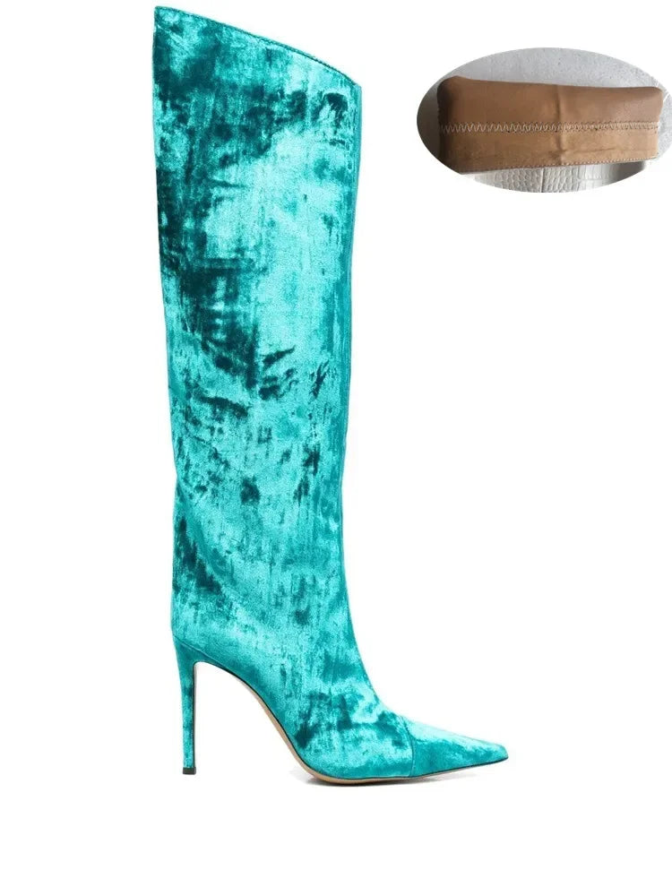 2022 Women's New Stone Print Boots Sexy Runway Stiletto Pointed Toe Women's High Boots 10cm High Heel Side Zip Women's Boots