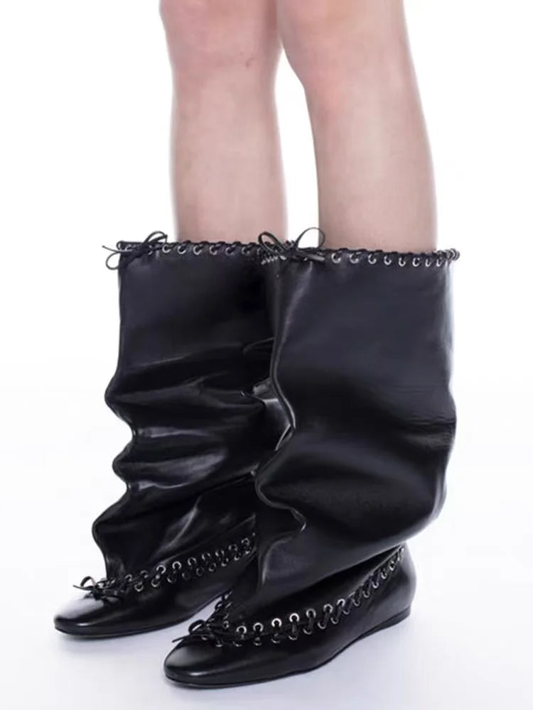 2025 Early Autumn New European and American Fashion Show Niche Fashion Slimming Wide Tube Height Increasing Pleated Pile Boots