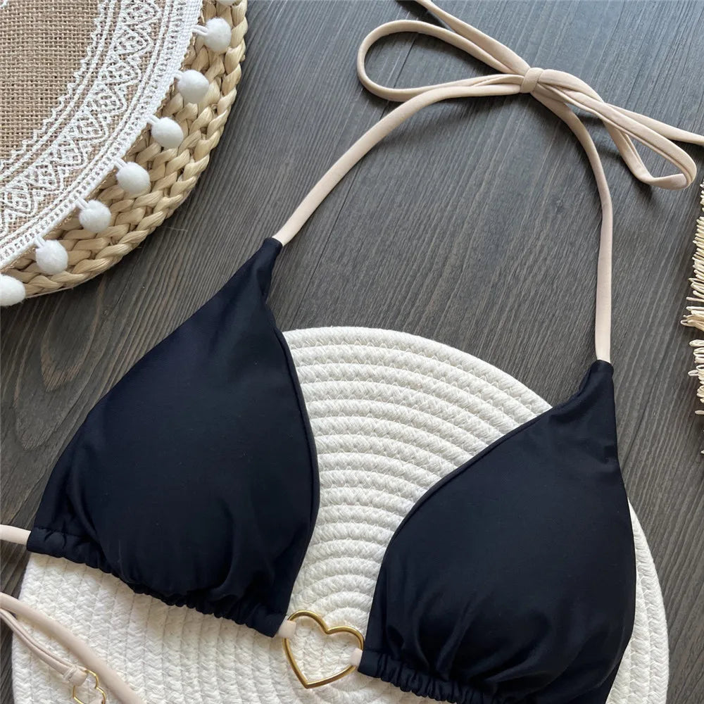 Black String Halter Swimwear Triangle Micro Bikini Thong Heart Ring Sexy Swimsuits Women 2025 Bathing Suit Biquinis Bikinis Sets