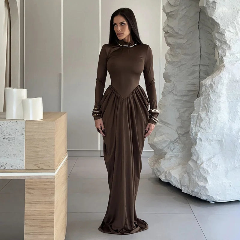 Mozision Turtleneck Long Sleeve Sexy Maxi Dress Women Gown Autumn Winter Elegant High Waist Draped Ruched Club Party Long Dress