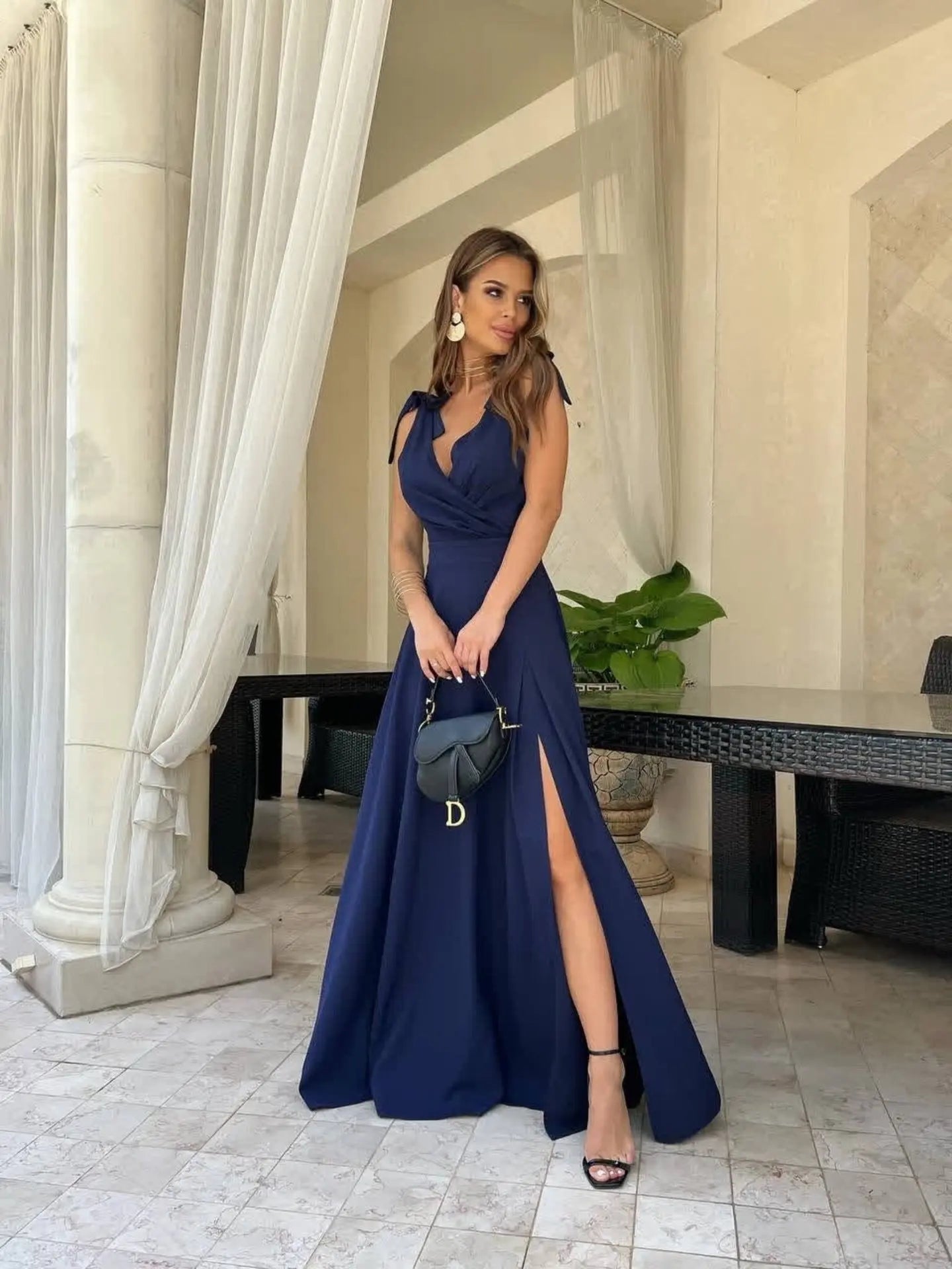 Elegant Summer Maxi Dress for Women High Waist V-Neck Bowknot Strap Side Split Long Evening Party Gown Female Cross Design