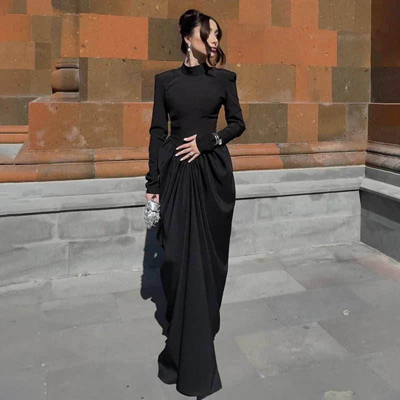 Mozision Turtleneck Long Sleeve Sexy Maxi Dress Women Gown Autumn Winter Elegant High Waist Draped Ruched Club Party Long Dress