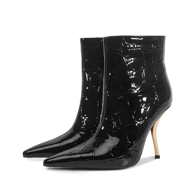 2025European AndAmerican Women's Autumn Andwinter New Style Metal High Heels,advanced Stonepattern Sidezipper Pointed Shortboots