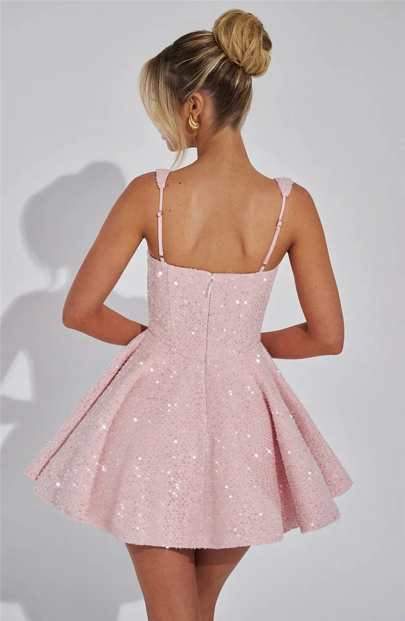 Mozision Sequins Bow Backless Sexy Mini Dress For Women Robe Fashion Square Collar Sleeveless High Waist A-line Club Dress