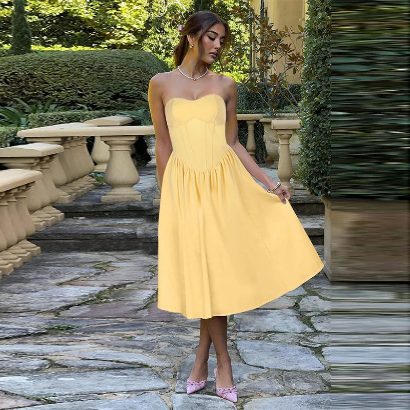 NIDANSSI Yellow Strapless Backless Evening Party Dress Women Pleated Bodycon Elegant Sexy Dress Midi Long Summer Dress Vestidos