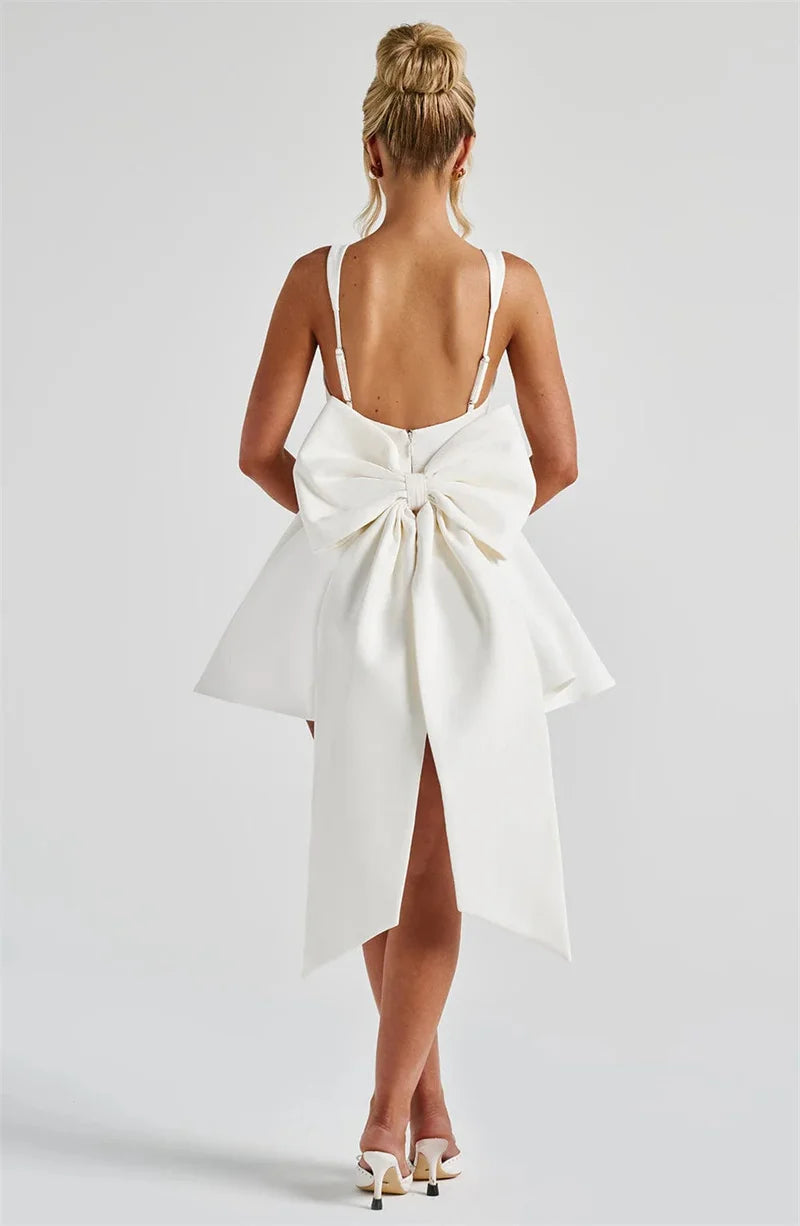 Mozision Backless Bow Sexy Mini Dress Women Fashion Elegant Spaghetti Strap Sleeveless High Waist A-line Club Party Dress New