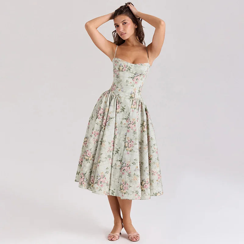 Mozision Spaghetti Strap Print Midi Dress Women Fashion Off-shoulder Sleeveless Backless A-line High Waist Pleated Long Dress