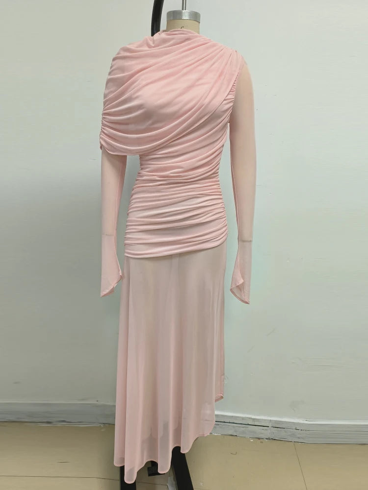 Sexy O Neck Mesh Patchwork Folds Long Dress Women Pink Long Sleeves Asymmetrical Folds Slim Dresses Evening Party Formal Gowns