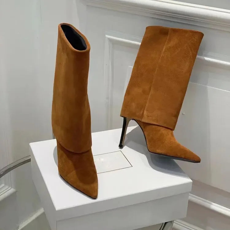 European and American Style High-heeled Wide Tube Sleeve Skirt Boots for Women, Niche Stone Patterned Fashion Banquet Shoes