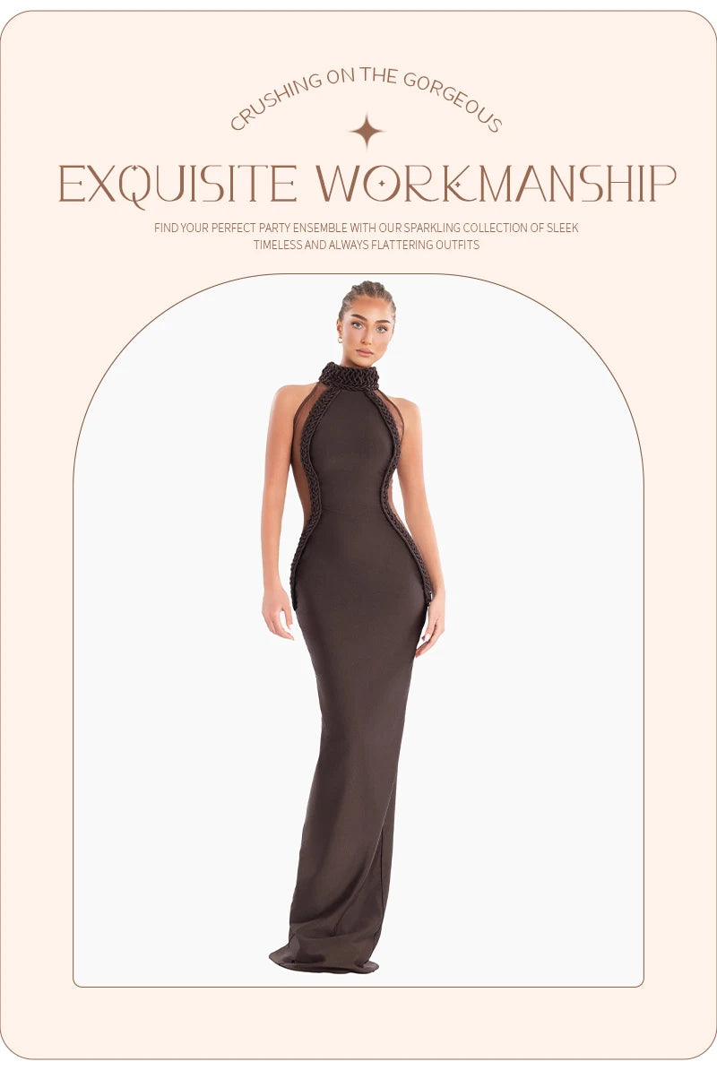 Luxury Sheer Corset Brown Long Dresses for Women – Long Sleeve High Neck See Through Bodycon Maxi Dress with Mesh Waist Detail