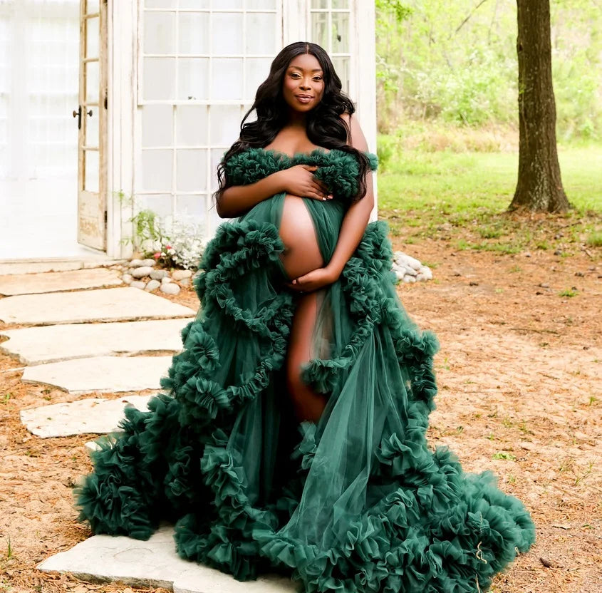 Luxury Maternity Robe Fluffy Tulle Dresses for Women Prom Dress Long Sleeves Wedding Party Gown Bridal Boudoir Pajamas Sleepwear