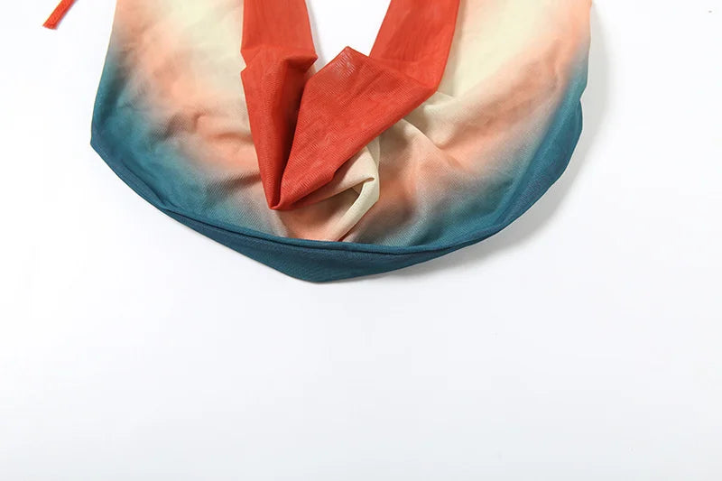 Mozision Print Sexy Mesh Halter Skirt 2 Pieces Sets For Women Off-shoulder Sleeveless Backless Tops And Skirt Two Pieces Sets