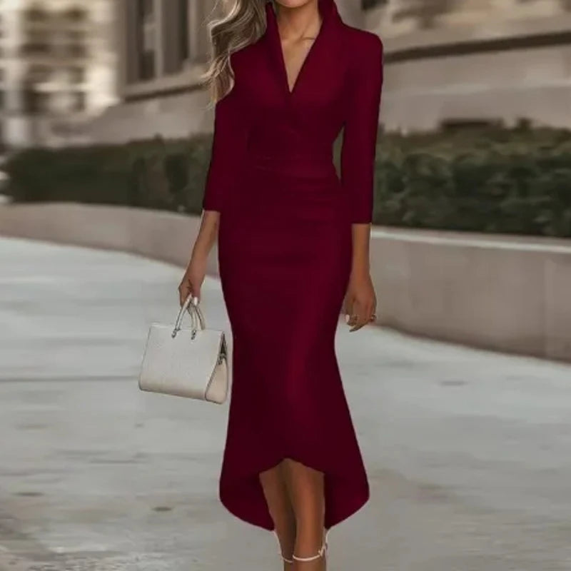 Women Elegant Long Sleeve Simple Party Dress, Spring Autumn Holiday V Neck Chic Maxi Dress, Casual Solid Patchwork Ladies Dress