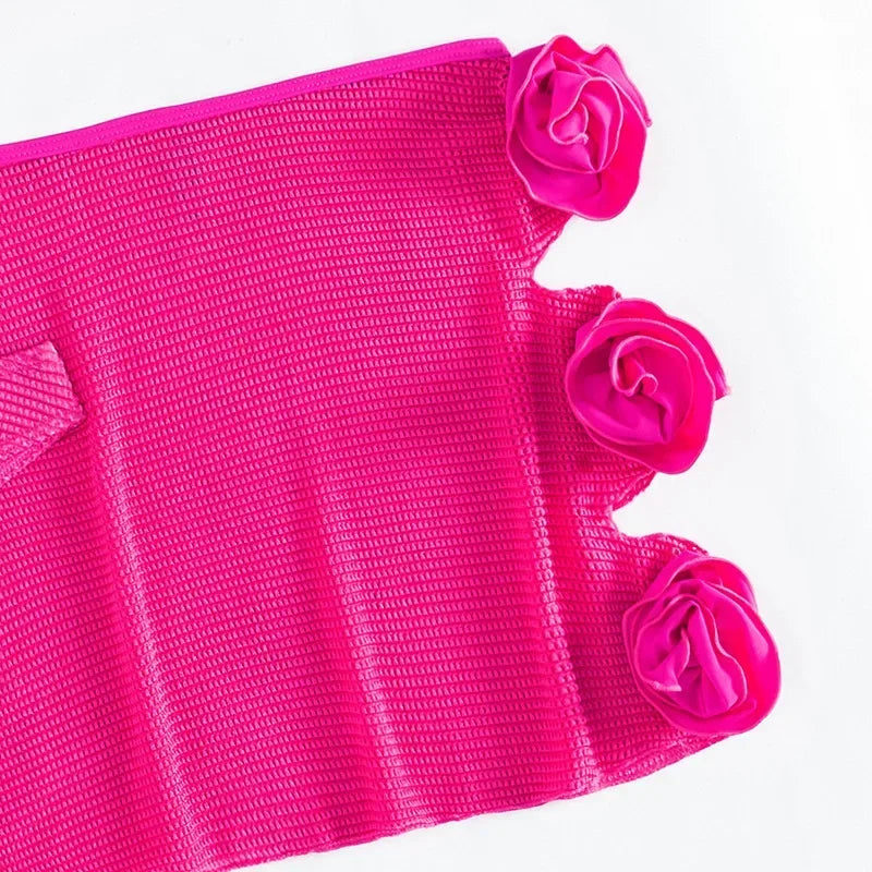 Rose Red 3D Flower Bandeau Bikinis Sets 2025 Sexy Swimsuit Cover Ups Women Skirts Swimwear 3 Piece Bikini Set Beachwear Bather